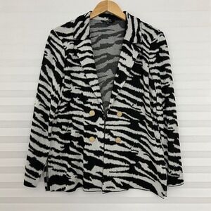 Misook Zebra Print Knit Blazer Black White Double Breasted Gold Buttons Large